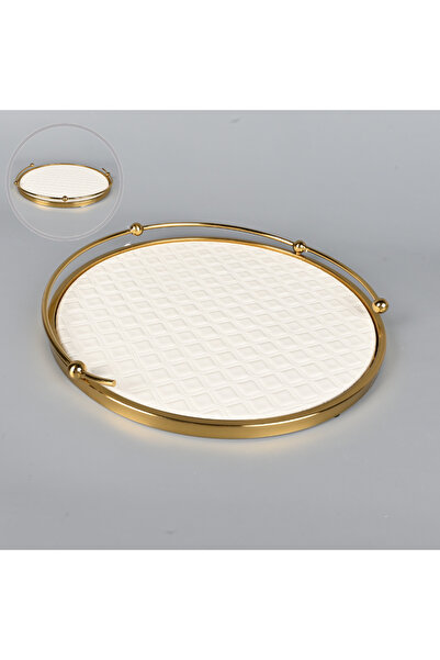 Generic Round serving tray, 37 cm, luxurious off-white leather with a copper-...