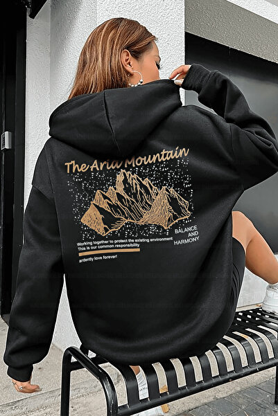 donamod Дамска черна блуза с качулка, трислойна, с принт „Arid Mountain“, сво...