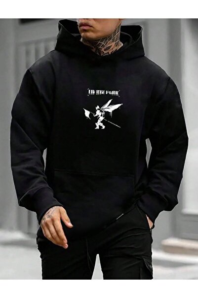 donamod سويت شيرت بقلنسوة مطبوع عليه لينكين بارك باللون الأسود للرجال