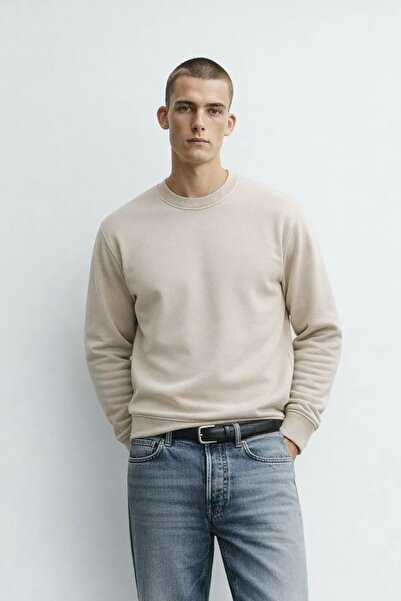 MATERIAL Erkek Bisiklet Yaka Kışlık Krem Bol Sweatshirt