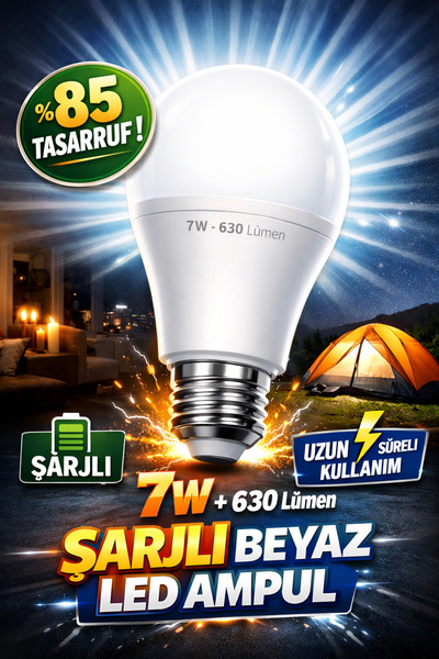 Astakos 7W 630 Lümen Şarjlı LED Ampul Beyaz Işık %85 Tasarruflu Led Ampul TR ...