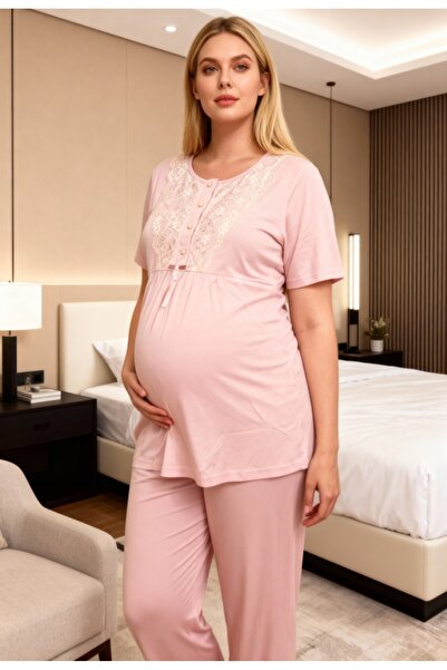 Nehir Collection Kadın Hamile ve Lohusa Kısa Kol 2 li Dantelli Pijama Takımı