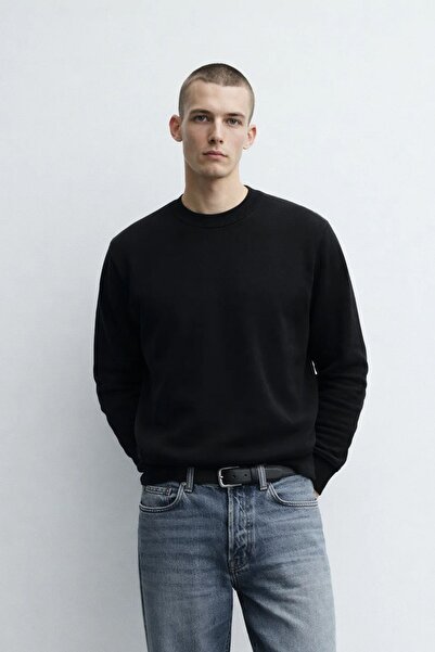 MATERIAL Hanorac negru largi de iarnă pentru bărbați, cu gât tip crewneck