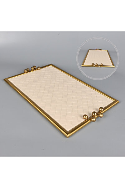 Generic Rectangular serving tray in beige faux leather with a brass steel fra...