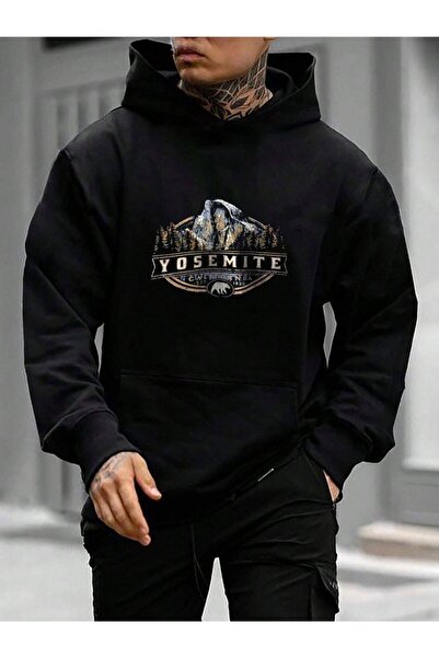 donamod سويت شيرت بقلنسوة مطبوع عليه يوسميت أسود للرجال