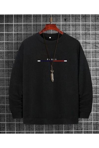 donamod سويت شيرت رجالي أسود بطبعة باريس مقاس كبير Benisengiydirparisssweatshirt