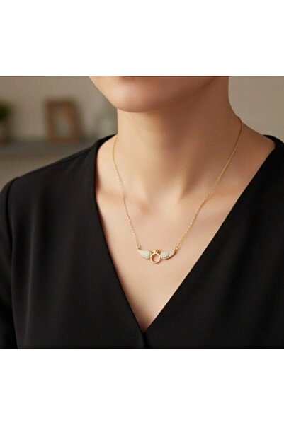 stainless steell gold renk zincirli tektaş kanat motifli çelik kolye