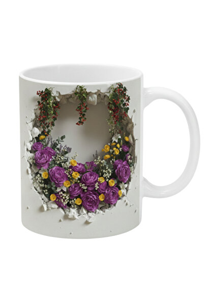 Elbasan Tekstil Purple and Yellow Rose Printed Ceramic Mug Cup Mug Gift