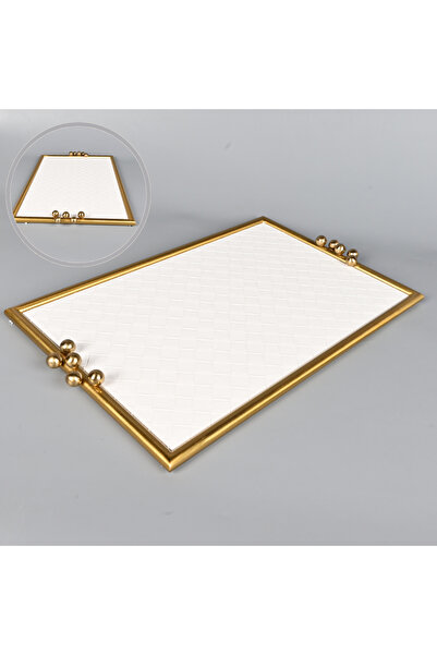 Generic Large rectangular serving tray 51x31 cm, off-white leather with a stu...