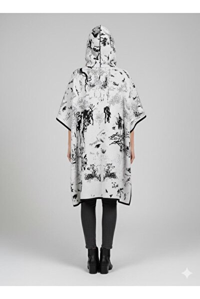 02Lady Fashion Women's Hooded Print Knitwear Poncho