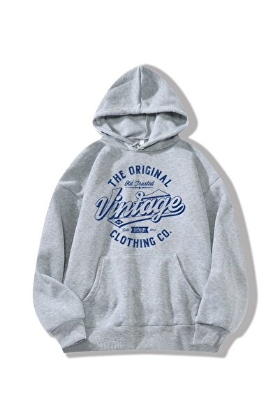 donamod Unisex Gri cu glugă Vintage cu imprimeu 3 Thread supradimensionat Swe...
