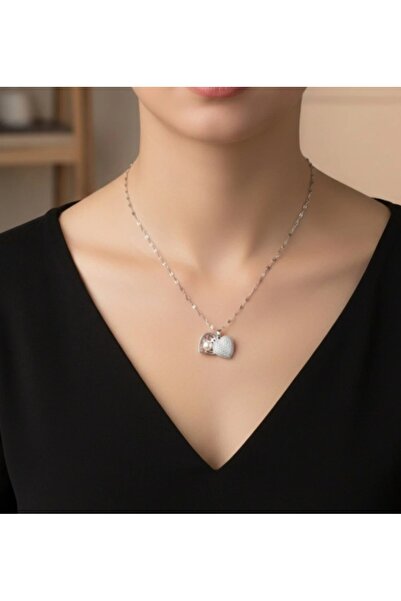 stainless steell قلادة فضية اللون من الفولاذ مع سلسلة وحجر على شكل قلب