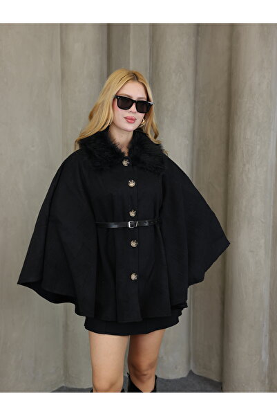 GRODYT Women's Fur Collar Cashmere Fabric Poncho with Belt and Buttons Brown ...