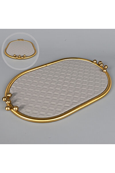 Generic Luxury oval serving tray in gray leather with a copper-colored steel ...