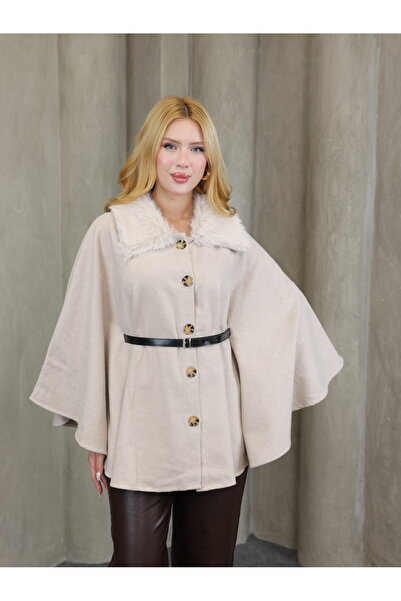 GRODYT Women's Fur Collar Cashmere Fabric Poncho with Belt and Buttons Brown ...