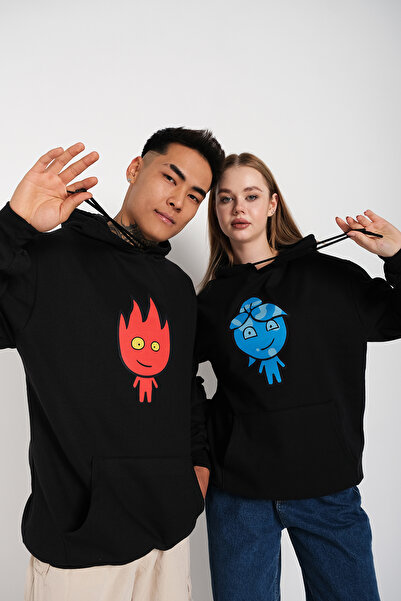 donamod Know Black Unisex Double Fire And Water Printed Oversize Hanorac cu g...