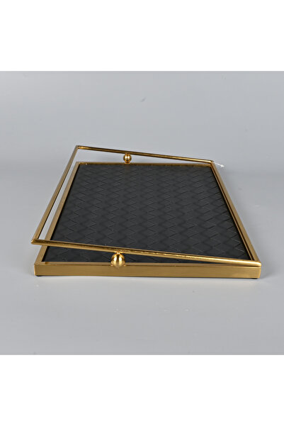 Generic Rectangular black leather serving tray with a brass steel frame, 42 x...