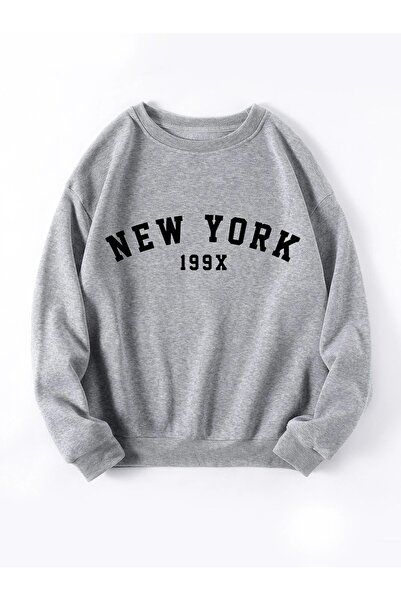 donamod Know Unisex Сиво Ню Йорк 199x Принтирана Оверсайз Суитшърт TW-ÇKKLMSWT1