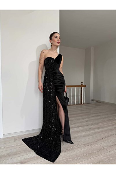 YK FASHION Payetli Tek Omuz Kadife Elbise