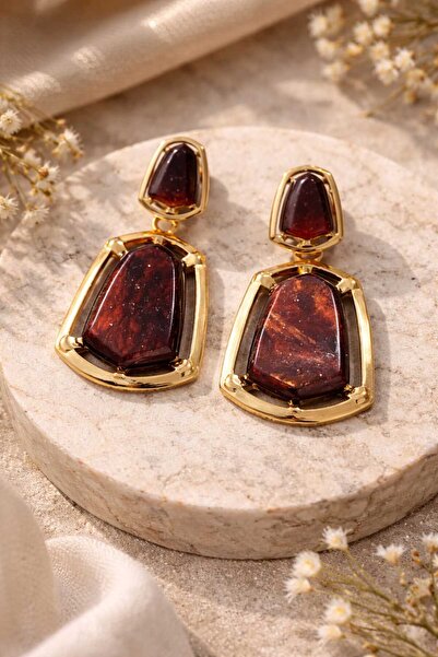 sheenez Gold Kaplama Kahve Doğal Taş Detaylı Şık Sallantılı Küpe