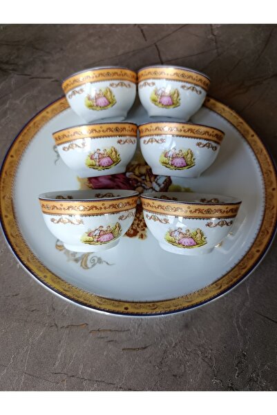 GenelTedarik Vintage Desenli Porselen Tepsi ve 6’lı Çerezlik Kase Seti – Klas...