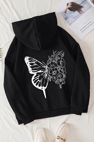 donamod سويت شيرت مطبوع بظهر الفراشات للجنسين Kp-Black-FlowerButterfly(الظهر)