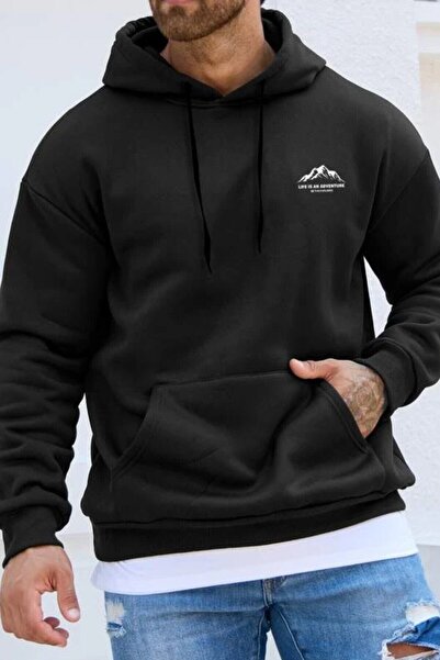 donamod Men's Black Life Is An Advanture Printed Hooded Oversize Sweatshirt H...