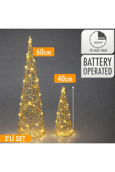 Enlis Collection Gold LED Işıklı Konik Yılbaşı Ağacı Dekoru 2'li Set 60+40 cm...