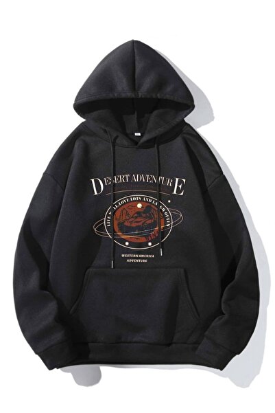 donamod Hanorac cu glugă cu imprimeu Black Desert pentru femei Hanorac deserts