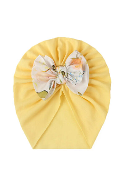 Superbaby Caciulita galbena tip turban cu fundita inflorata