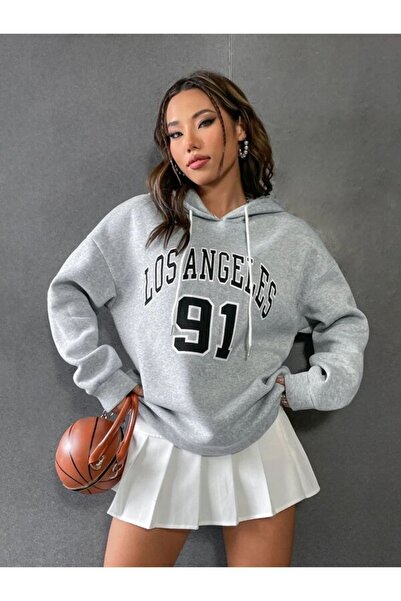 donamod Unisex Grey Los Angeles 91 Φούτερ με στάμπα με κουκούλα LOS91SWEATSHİ