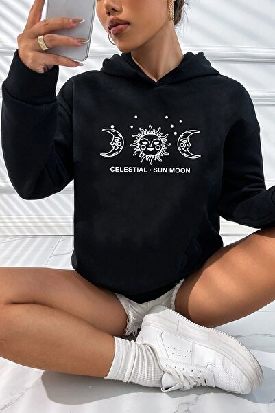 donamod Hanorac unisex cu imprimeu Celestial Sun Moon KP-Black-SunMoon