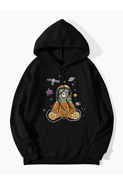 donamod Hanorac oversize cu glugă, unisex, negru, cu imprimeu astronaut, ASTR...