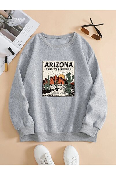 donamod Unisex Gri Arizona cu imprimeu guler rotund Swea tricou benisengiydir...