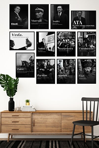 Tasarım Depom 12 Adet (Söz Temalı) Atatürk Resimli Çerçeve Görünümlü Mdf Tabl...