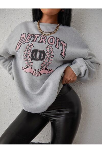 donamod سويت شيرت نسائي ذو رقبة دائرية مقاس كبير مطبوع عليه ديترويت باللون ال...