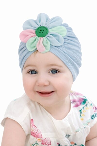 Pure Boutique Caciulita bleu tip turban cu floricica multicolora
