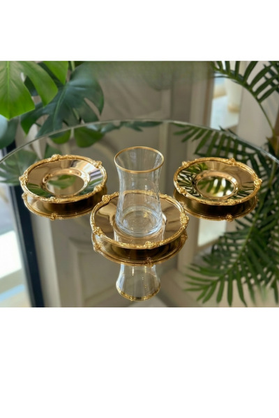 ASSA BAZAAR 12 Parça 6 Kişilik Gold Metal Çerçeveli Çay Seti – Bardak & Metal...