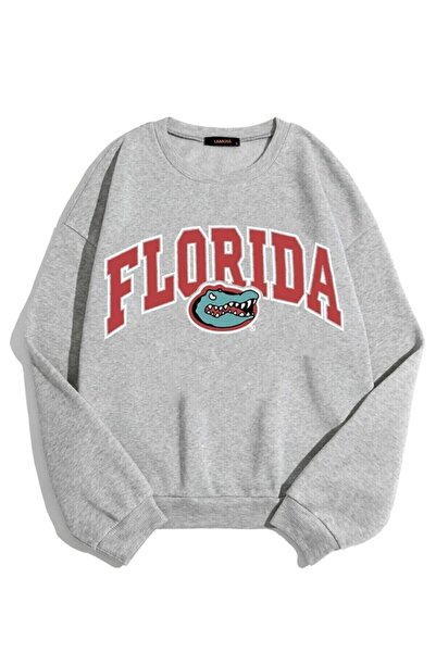 donamod سويت شيرت فلوريدا نسائي برقبة دائرية وطبعة تمساح فلوريدا رمادي كبير ا...