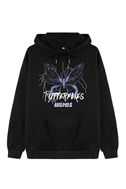donamod Φούτερ με κουκούλα Unisex Black Butterfly Printed Oversize TYC 006354...