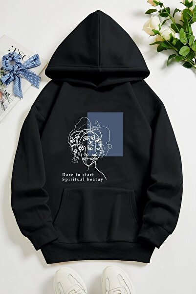 donamod Hanorac imprimat unisex Minimal Line Drawing kp-Black-Square