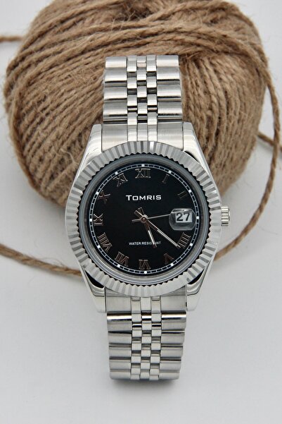 TOMRİS All Stainless Steel, Waterproof, Silver Band, Black Dial Roman Numeral...
