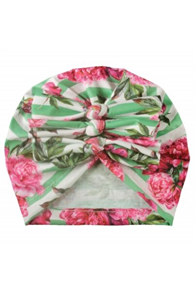 Superbaby Floral turban hat with green stripes and bows in the front