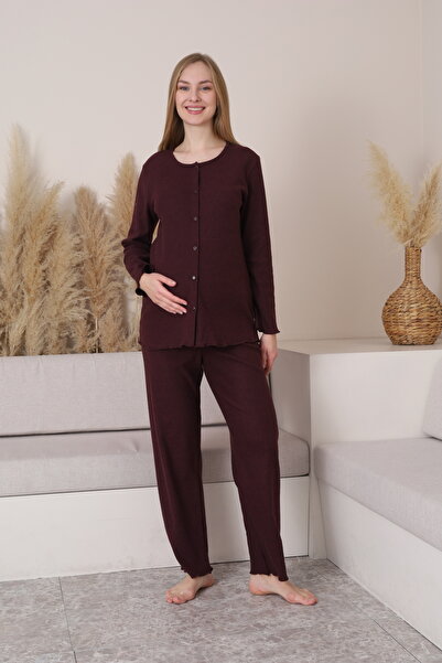 Miss Dünya Lissa Front Buttoned Soft Fabric Crew Neck Long Sleeve Maternity a...