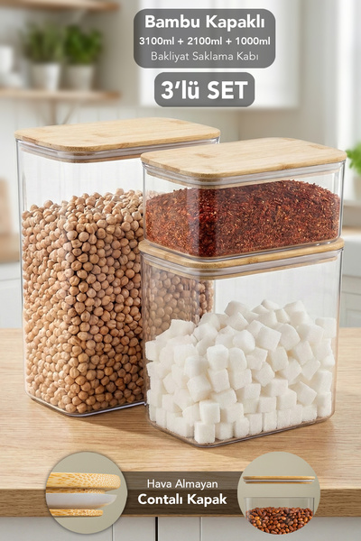 Meleni Home 3-Piece Bamboo Lid Aura Rectangular Storage Container Set - Airti...