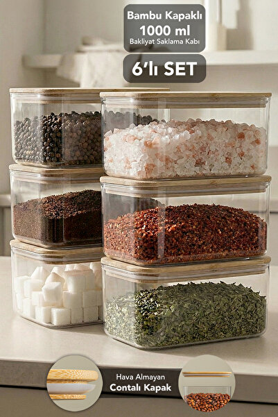 Meleni Home 6-Piece Bamboo Lid Aura Rectangular Storage Container - Vacuum Li...