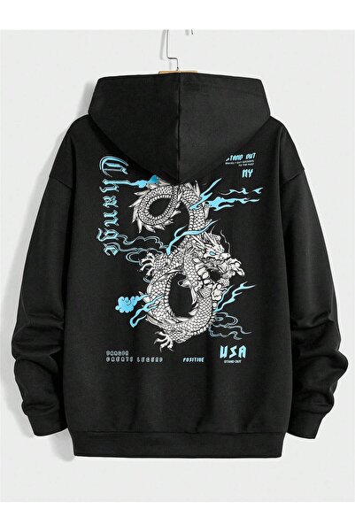 donamod Hanorac cu glugă cu umăr căzut din seria Coko Slogan & Dragon Graphic