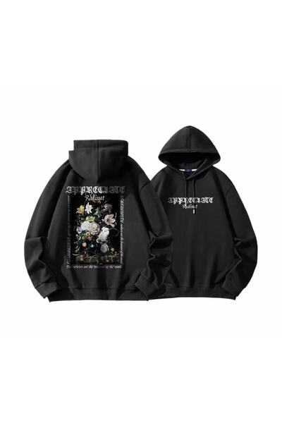 donamod Mărime mare cu glugă Floral Garden Sırt cu imprimeu bumbac 100% supra...