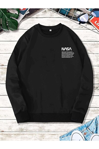 donamod Swea unisex de culoare neagră cu textul Nasa pe piept, cu detalii tri...