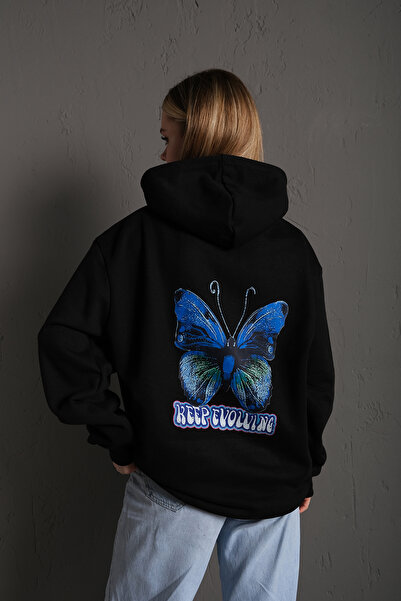 donamod Know Дамска черна блуза с принт на пеперуда TWBTFLYSWT0001